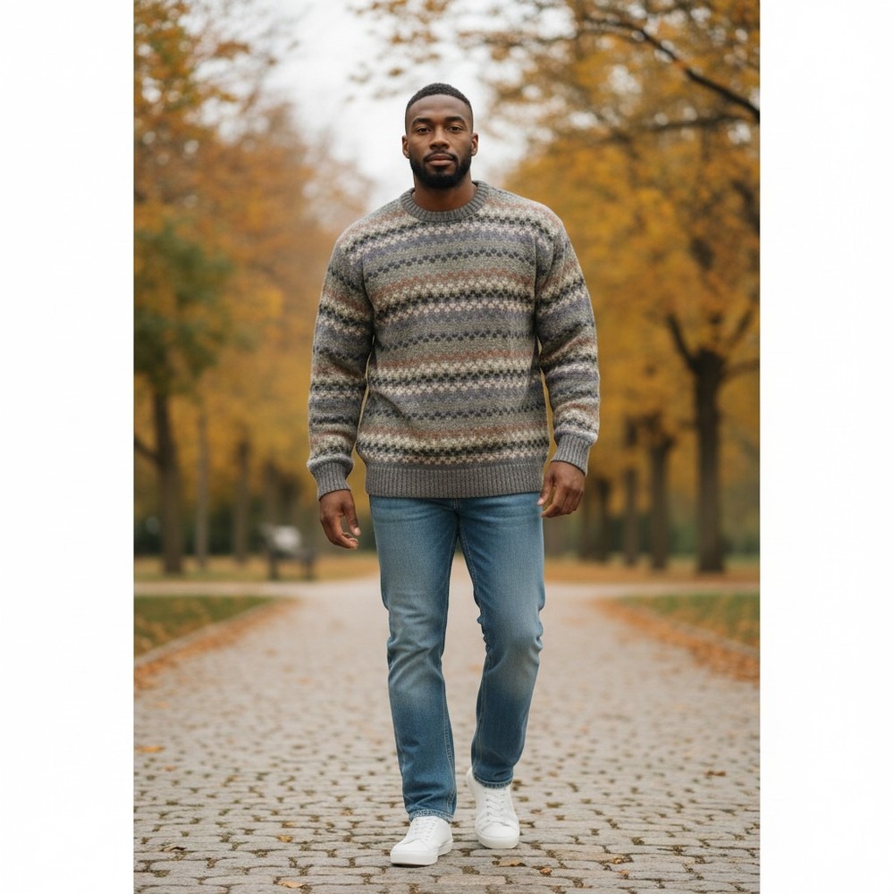 Dockers Men Fair Isle Geometric Knit Sweater Grey Blue Lg Grandpacore Preppy 90s